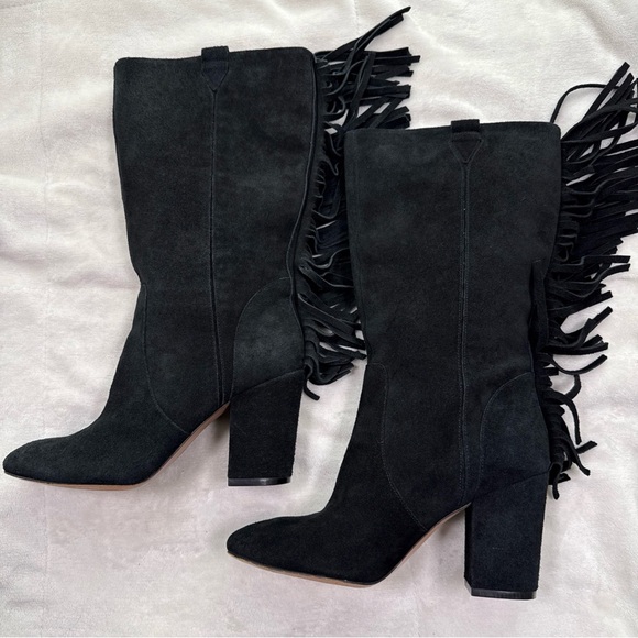 Nine West Jayden suede leather Heeled boots Size 7.5 Fringe Pull On Cowgirl Boho - Picture 4 of 14